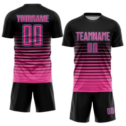 Camiseta de fútbol personalizada negra con sublimación de moda, con rayas rosa y azul claro