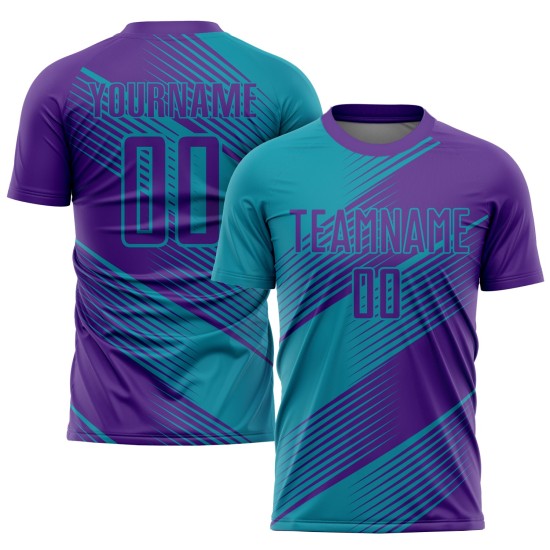 Camiseta de fútbol personalizada por sublimación en color verde azulado y morado