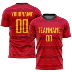 Camiseta de fútbol personalizada con sublimación, color dorado, negro y rojo