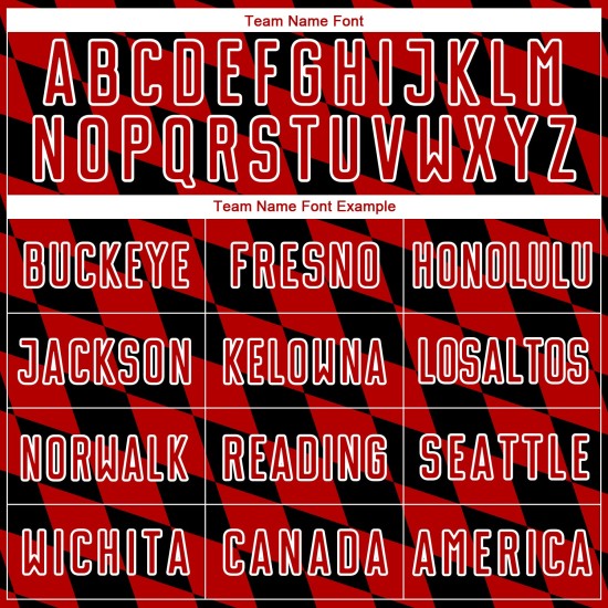 Uniforme de fútbol sublimado negro con estampado de rombos, camiseta roja y blanca personalizada