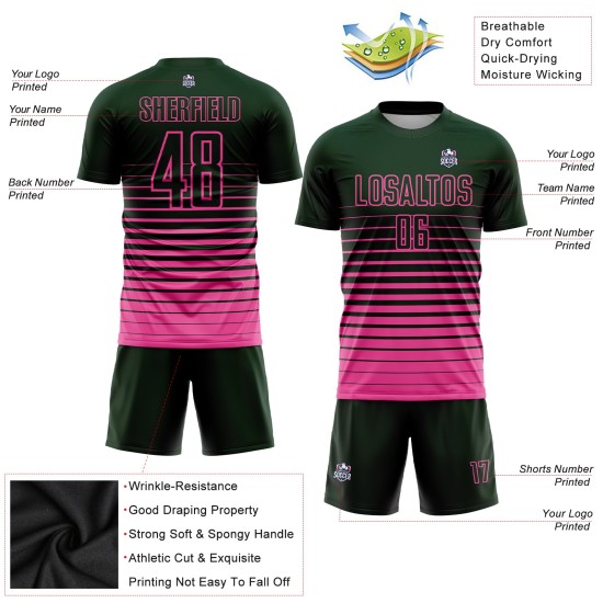 Uniforme de fútbol personalizado con sublimación de moda de camiseta de rayas verdes y rosas degradadas Uniforme de fútbol personalizado con sublimación de moda de camiseta de rayas verdes y rosas degradadas
