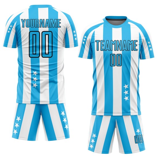 Uniforme de fútbol personalizado Sky And Stars con cuadros azul y negro, sublimación, camiseta blanca