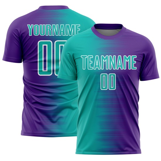 Camiseta de fútbol morada personalizada con degradado de línea blanca aguamarina y sublimación