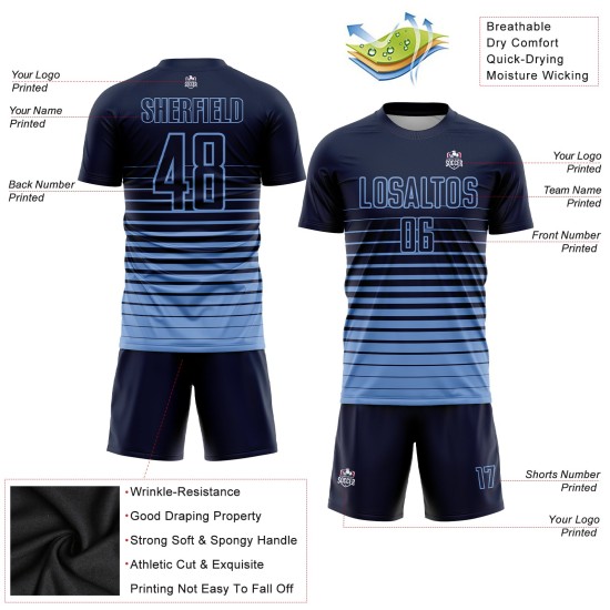 Camiseta de fútbol de rayas azul claro personalizada con degradado por sublimación, uniforme azul marino de moda Camiseta de fútbol de rayas azul claro personalizada con degradado por sublimación, uniforme azul marino de moda