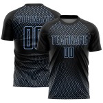 Uniforme de fútbol con líneas de sublimación geométricas, camiseta negra personalizada, azul claro Uniforme de fútbol con líneas de sublimación geométricas, camiseta negra personalizada, azul claro