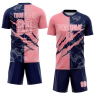 Camiseta de fútbol mediana con estampado de grafiti de sublimación personalizada en rosa y azul marino para rascar