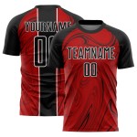 Camiseta de fútbol roja fluida abstracta, negra y blanca, uniforme de sublimación personalizado