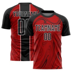Camiseta de fútbol roja fluida abstracta, negra y blanca, uniforme de sublimación personalizado