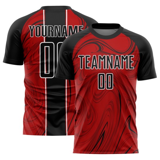 Camiseta de fútbol roja fluida abstracta, negra y blanca, uniforme de sublimación personalizado