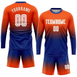 Camiseta de fútbol personalizada de sublimación con mangas en blanco y naranja real, con decoloración larga