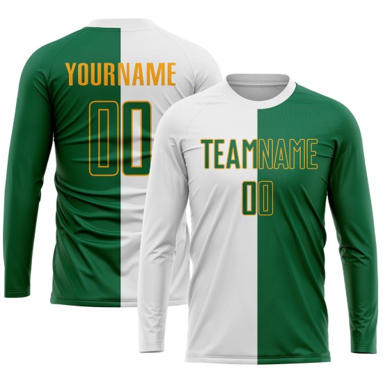 Uniforme de sublimación, camiseta blanca de fútbol dividida, personalizada, moda Kelly verde-dorado
