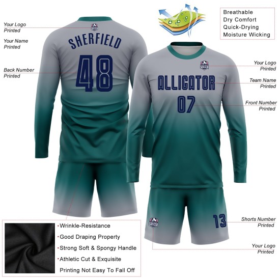 Camiseta larga de fútbol azul marino-verde azulado con mangas desteñidas grises personalizadas por sublimación