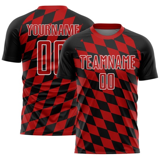 Uniforme de fútbol sublimado negro con estampado de rombos, camiseta roja y blanca personalizada