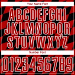 Uniforme de fútbol sublimado negro con estampado de rombos, camiseta roja y blanca personalizada