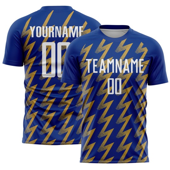 Camiseta de fútbol personalizada dorada con sublimación, color blanco y zigzag antiguo.