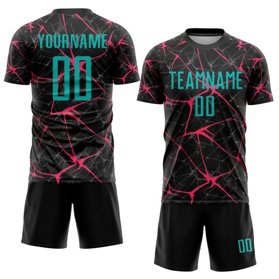 Camiseta de fútbol personalizada de sublimación, color rosa y negro, color agua-neón