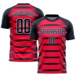 Camiseta de fútbol personalizada por sublimación, color rojo, azul marino y blanco