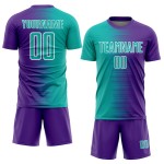 Camiseta de fútbol morada personalizada con degradado de línea blanca aguamarina y sublimación