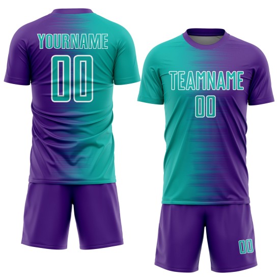 Camiseta de fútbol morada personalizada con degradado de línea blanca aguamarina y sublimación