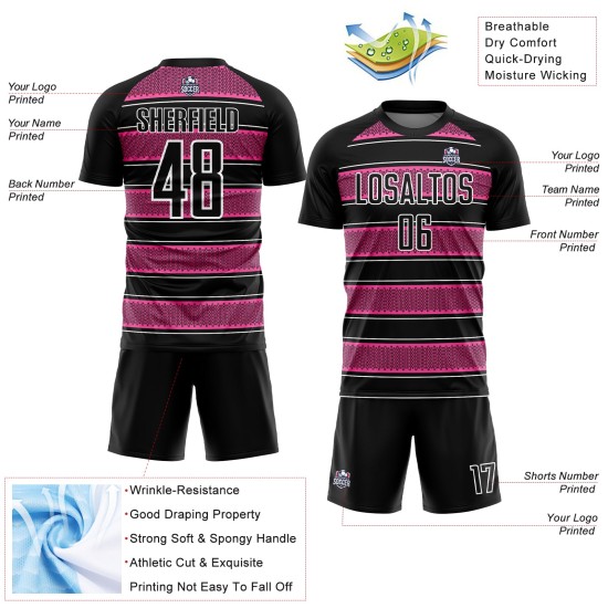 Uniforme de Fútbol y Camiseta Línea Rosa-Blanca Formas Personalizadas Geométricas Negras Sublimación