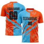 Camiseta de fútbol personalizada con estampado de grafiti de sublimación azul-naranja y negro, uniforme Sky Camiseta de fútbol personalizada con estampado de grafiti de sublimación azul-naranja y negro, uniforme Sky
