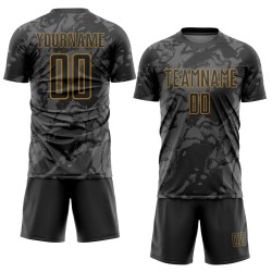 Uniforme de fútbol personalizado dorado con sublimación, arte abstracto, gris-negro antiguo grunge