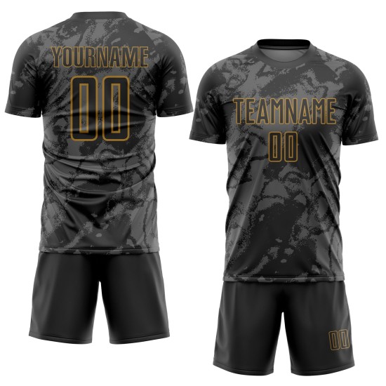 Uniforme de fútbol personalizado dorado con sublimación, arte abstracto, gris-negro antiguo grunge