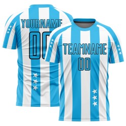 Uniforme de fútbol personalizado Sky And Stars con cuadros azul y negro, sublimación, camiseta blanca