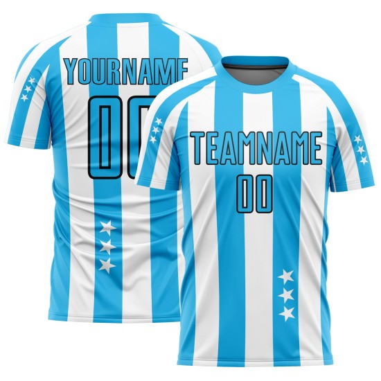 Uniforme de fútbol personalizado Sky And Stars con cuadros azul y negro, sublimación, camiseta blanca