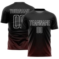 Camiseta de fútbol geométrica personalizada, líneas uniforme, sublimación negra, rojo y blanco