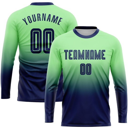 Camiseta de fútbol verde de moda personalizada con sublimación, manga larga, color azul marino degradado