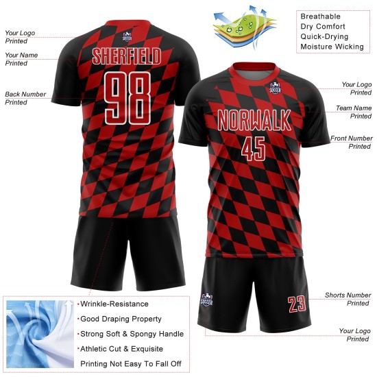 Uniforme de fútbol sublimado negro con estampado de rombos, camiseta roja y blanca personalizada