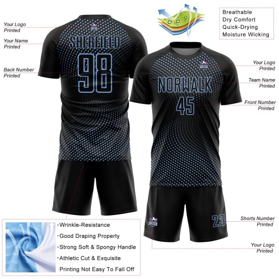 Uniforme de fútbol con líneas de sublimación geométricas, camiseta negra personalizada, azul claro Uniforme de fútbol con líneas de sublimación geométricas, camiseta negra personalizada, azul claro