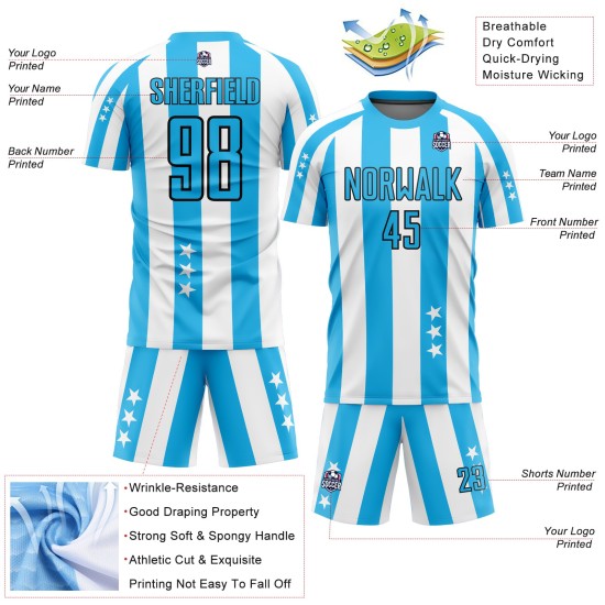 Uniforme de fútbol personalizado Sky And Stars con cuadros azul y negro, sublimación, camiseta blanca
