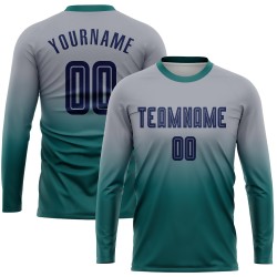 Camiseta larga de fútbol azul marino-verde azulado con mangas desteñidas grises personalizadas por sublimación
