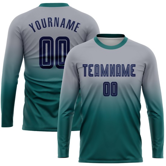 Camiseta larga de fútbol azul marino-verde azulado con mangas desteñidas grises personalizadas por sublimación