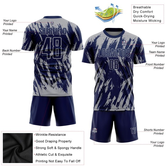 Camiseta gris sublimada personalizada azul marino uniforme de fútbol