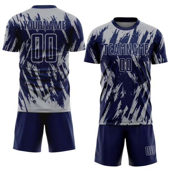 Camiseta gris sublimada personalizada azul marino uniforme de fútbol