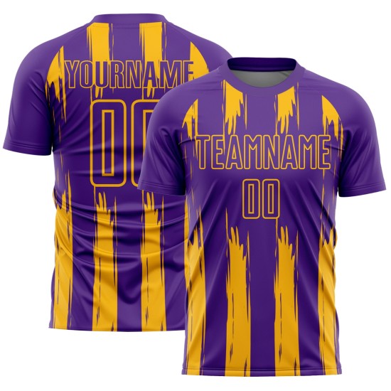 Uniforme de fútbol de sublimación con rayas doradas y moradas, personalizado y abstracto