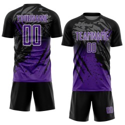 Camiseta personalizada de fútbol con degradado morado y blanco para sublimación, color negro y rayado