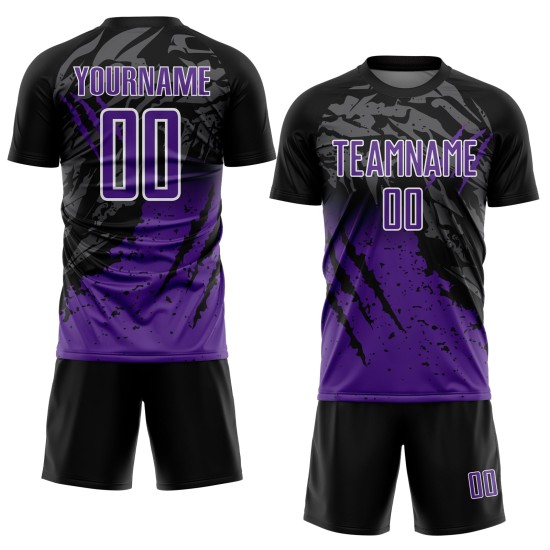 Camiseta personalizada de fútbol con degradado morado y blanco para sublimación, color negro y rayado