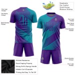Camiseta de fútbol personalizada por sublimación en color verde azulado y morado